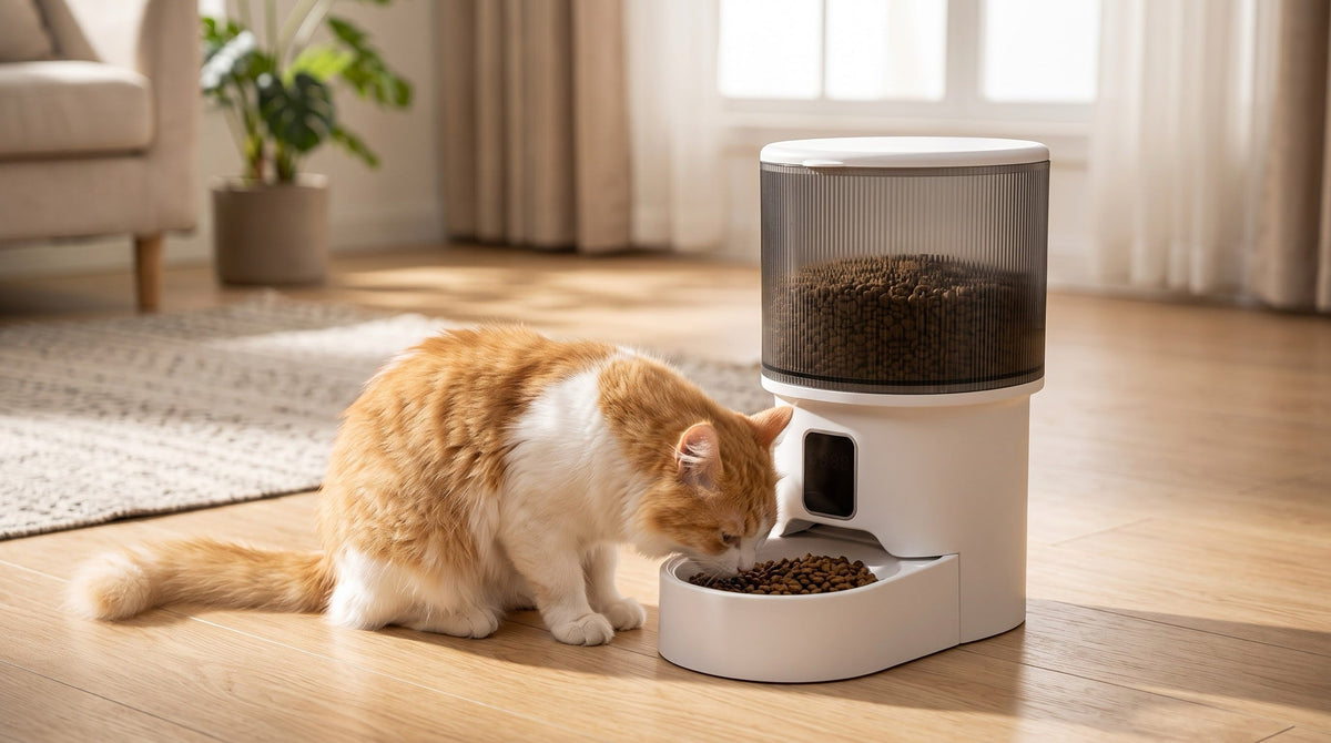 Gato comiendo del dispensador automático Pawzy